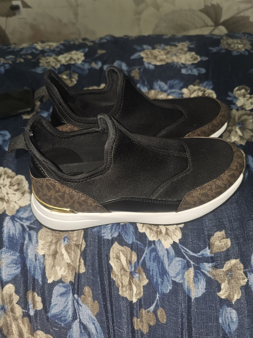 Michael Kors Black Slip-On Kids Sneakers with Brown and Gold Accents